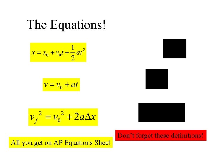 The Equations! All you get on AP Equations Sheet Don’t forget these definitions! 
