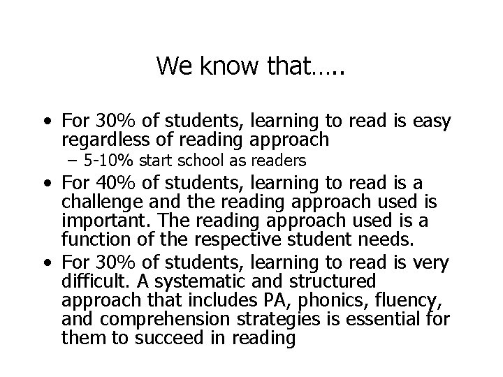 We know that…. . • For 30% of students, learning to read is easy