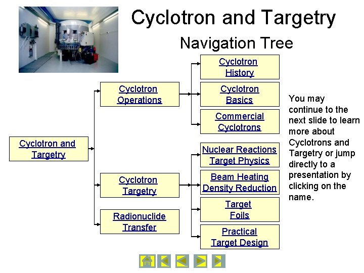 Cyclotron and Targetry Navigation Tree Cyclotron History Cyclotron Operations Cyclotron Basics Commercial Cyclotrons Cyclotron