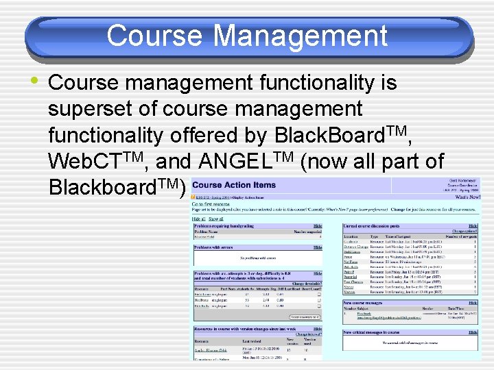 Course Management • Course management functionality is superset of course management functionality offered by