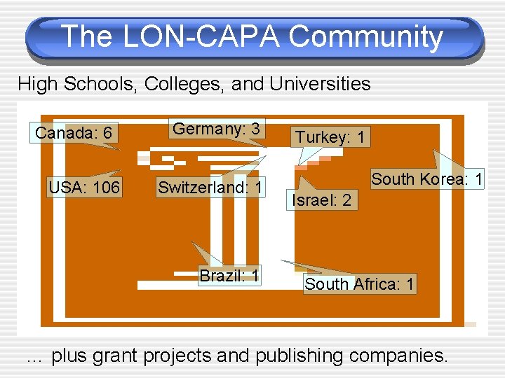 The LON-CAPA Community High Schools, Colleges, and Universities Canada: 6 USA: 106 Germany: 3