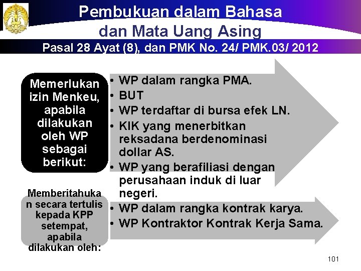 Pembukuan dalam Bahasa dan Mata Uang Asing Pasal 28 Ayat (8), dan PMK No.