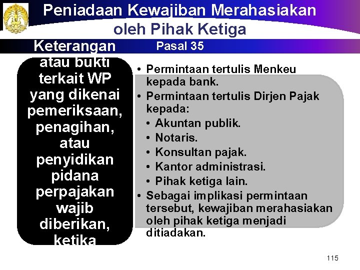 Peniadaan Kewajiban Merahasiakan oleh Pihak Ketiga Keterangan atau bukti terkait WP yang dikenai pemeriksaan,