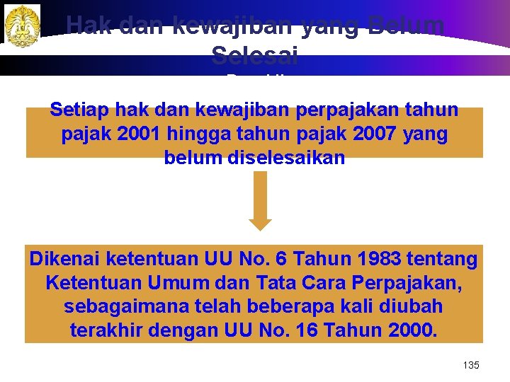 Hak dan kewajiban yang Belum Selesai Pasal II Setiap hak dan kewajiban perpajakan tahun