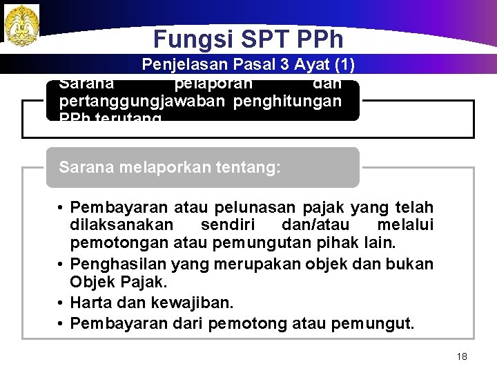 Fungsi SPT PPh Penjelasan Pasal 3 Ayat (1) Sarana pelaporan dan pertanggungjawaban penghitungan PPh