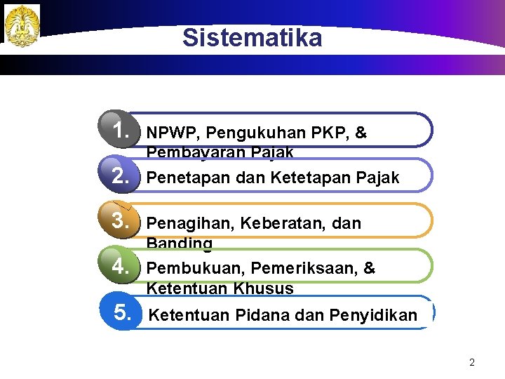 Sistematika 1. 2. 3. 4. 5. NPWP, Pengukuhan PKP, & Pembayaran Pajak Penetapan dan