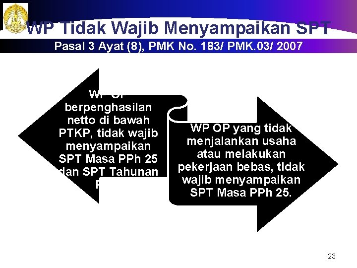 WP Tidak Wajib Menyampaikan SPT Pasal 3 Ayat (8), PMK No. 183/ PMK. 03/