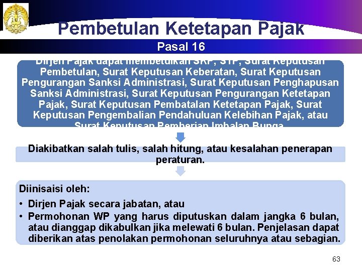 Pembetulan Ketetapan Pajak Pasal 16 Dirjen Pajak dapat membetulkan SKP, STP, Surat Keputusan Pembetulan,