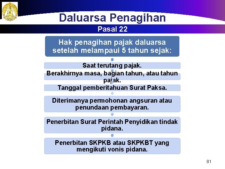 Daluarsa Penagihan Pasal 22 Hak penagihan pajak daluarsa setelah melampaui 5 tahun sejak: Saat