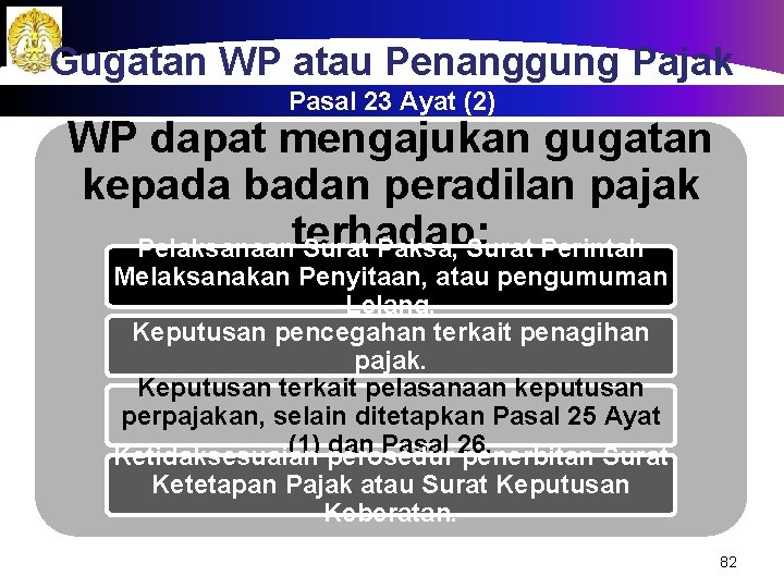 Gugatan WP atau Penanggung Pajak Pasal 23 Ayat (2) WP dapat mengajukan gugatan kepada