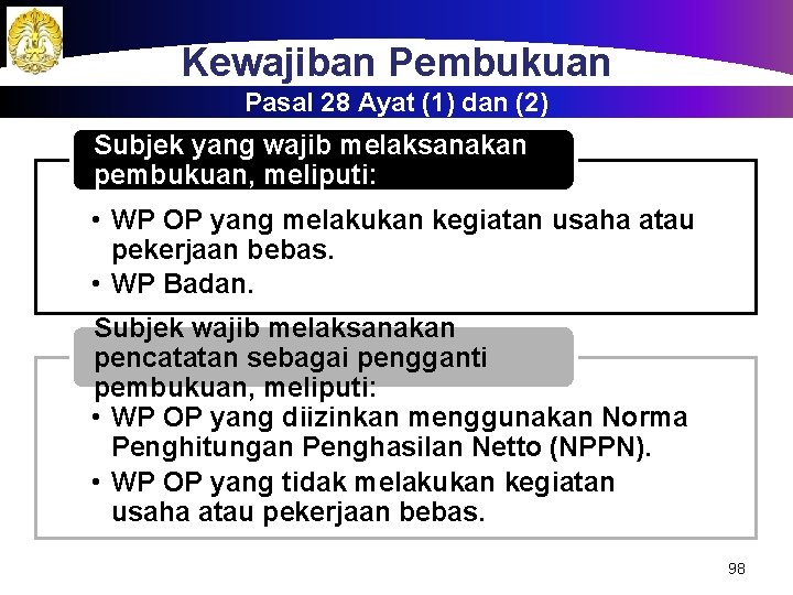 Kewajiban Pembukuan Pasal 28 Ayat (1) dan (2) Subjek yang wajib melaksanakan pembukuan, meliputi: