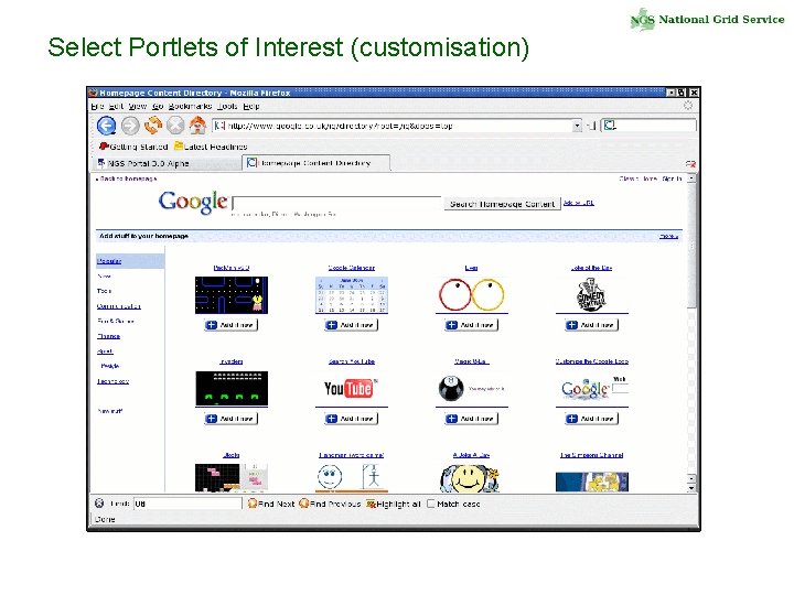 Select Portlets of Interest (customisation) 
