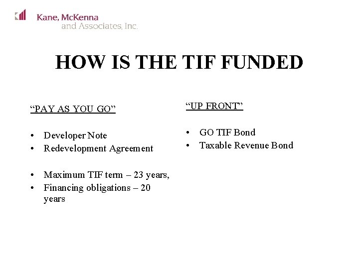 HOW IS THE TIF FUNDED “PAY AS YOU GO” “UP FRONT” • Developer Note
