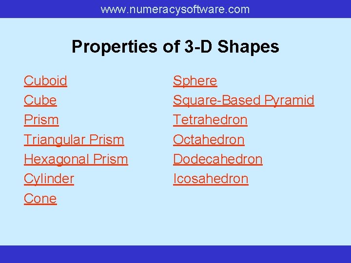 www. numeracysoftware. com Properties of 3 -D Shapes Cuboid Cube Prism Triangular Prism Hexagonal www. numeracysoftware. com Properties of 3 -D Shapes Cuboid Cube Prism Triangular Prism Hexagonal