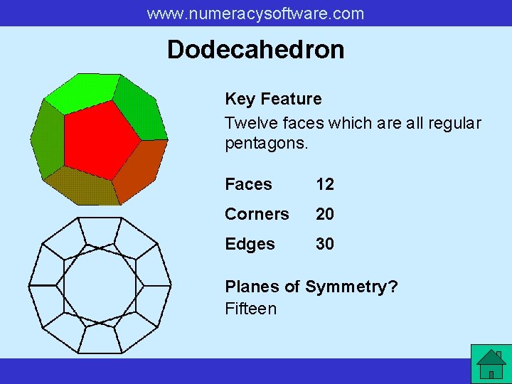 www. numeracysoftware. com Dodecahedron Key Feature Twelve faces which are all regular pentagons. Faces www. numeracysoftware. com Dodecahedron Key Feature Twelve faces which are all regular pentagons. Faces
