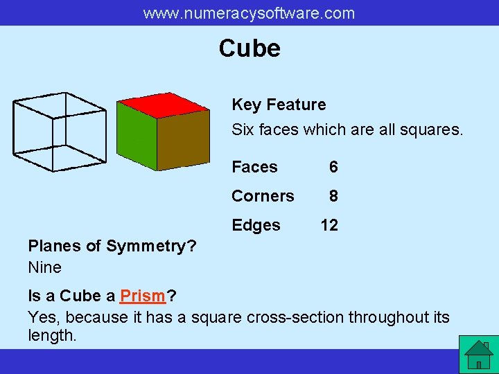 www. numeracysoftware. com Cube Key Feature Six faces which are all squares. Faces 6 www. numeracysoftware. com Cube Key Feature Six faces which are all squares. Faces 6