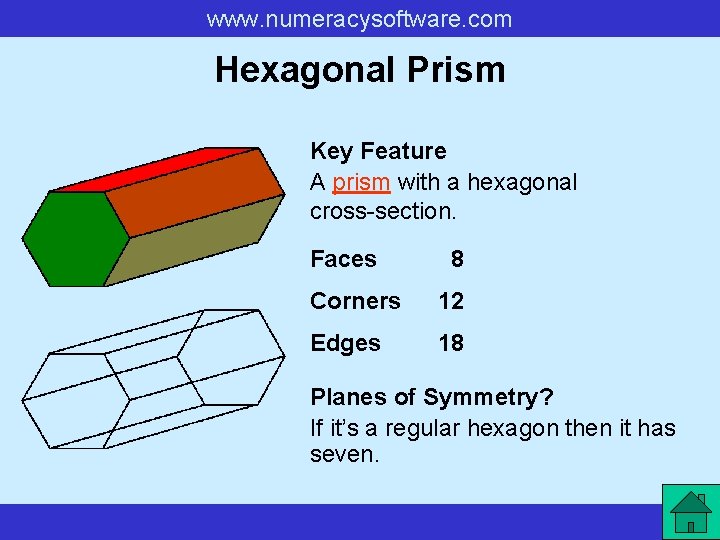 www. numeracysoftware. com Hexagonal Prism Key Feature A prism with a hexagonal cross-section. Faces www. numeracysoftware. com Hexagonal Prism Key Feature A prism with a hexagonal cross-section. Faces