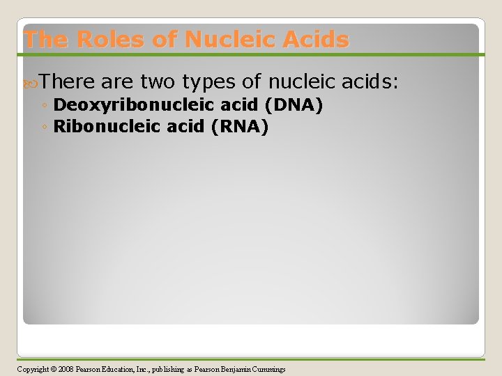 The Roles of Nucleic Acids There are two types of nucleic ◦ Deoxyribonucleic acid