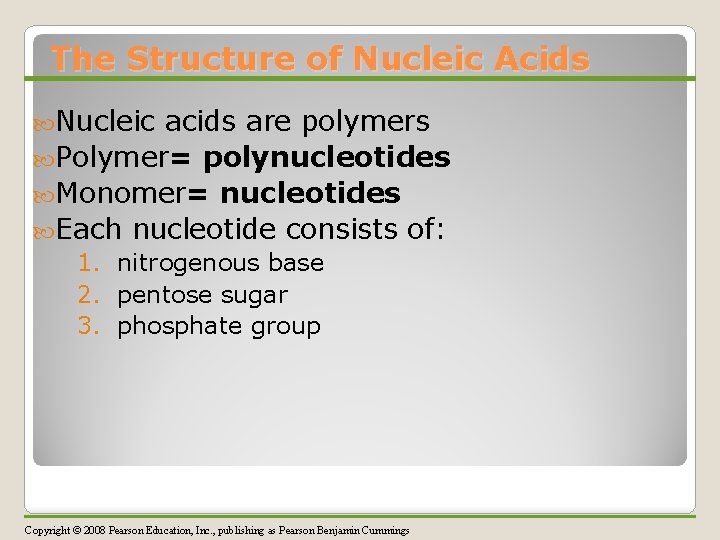 The Structure of Nucleic Acids Nucleic acids are polymers Polymer= polynucleotides Monomer= nucleotides Each