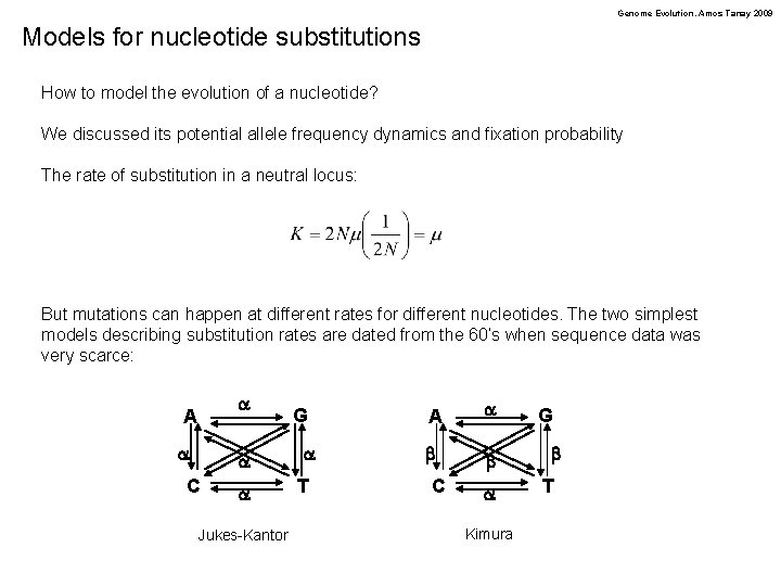 Genome Evolution. Amos Tanay 2009 Models for nucleotide substitutions How to model the evolution