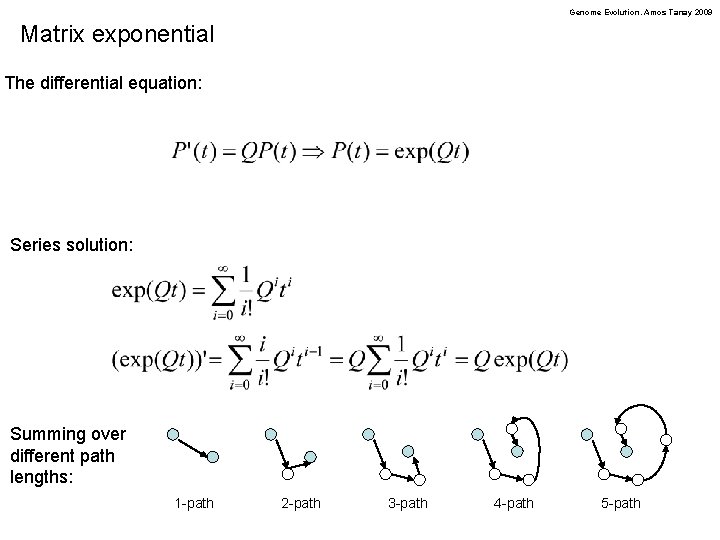 Genome Evolution. Amos Tanay 2009 Matrix exponential The differential equation: Series solution: Summing over