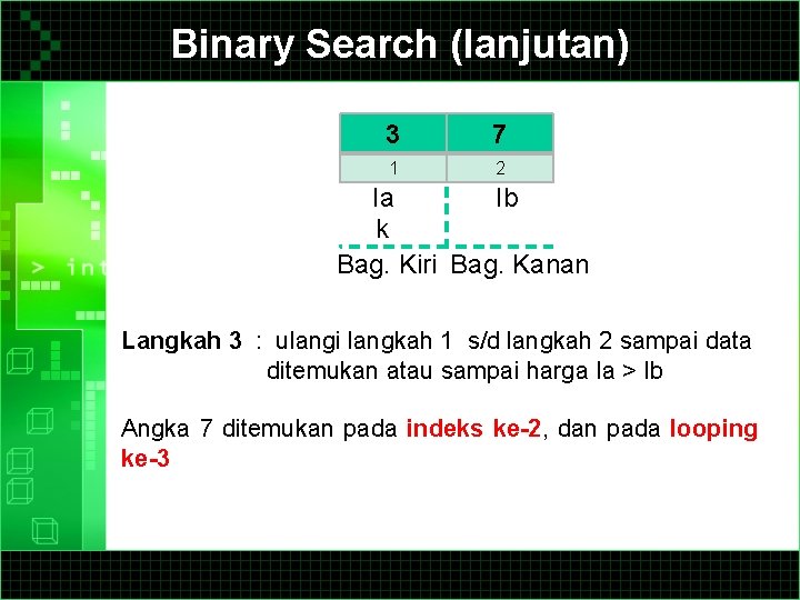 Binary Search (lanjutan) 3 7 1 2 Ia Ib k Bag. Kiri Bag. Kanan