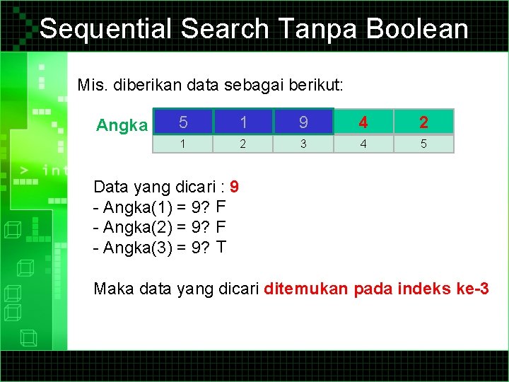 Sequential Search Tanpa Boolean Mis. diberikan data sebagai berikut: Angka 5 1 9 4