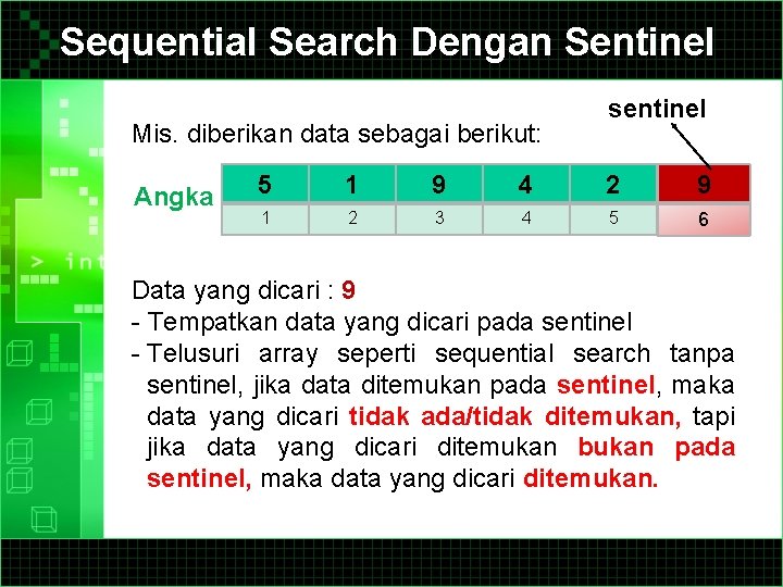 Sequential Search Dengan Sentinel Mis. diberikan data sebagai berikut: Angka sentinel 5 1 9