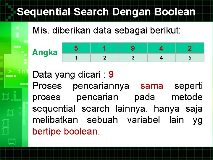 Sequential Search Dengan Boolean Mis. diberikan data sebagai berikut: Angka 5 1 9 4