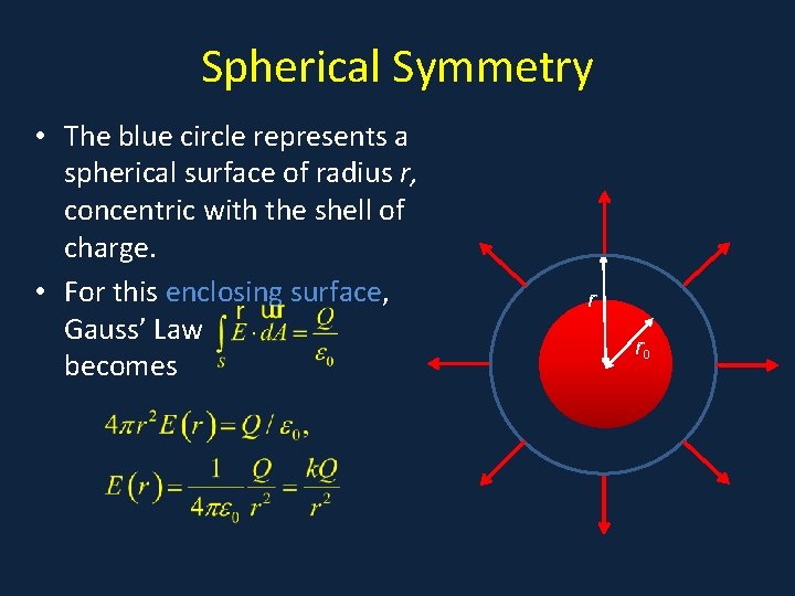 Spherical Symmetry • The blue circle represents a spherical surface of radius r, •