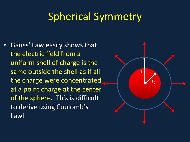 Spherical Symmetry • Gauss’ Law easily shows that • a the electric field from