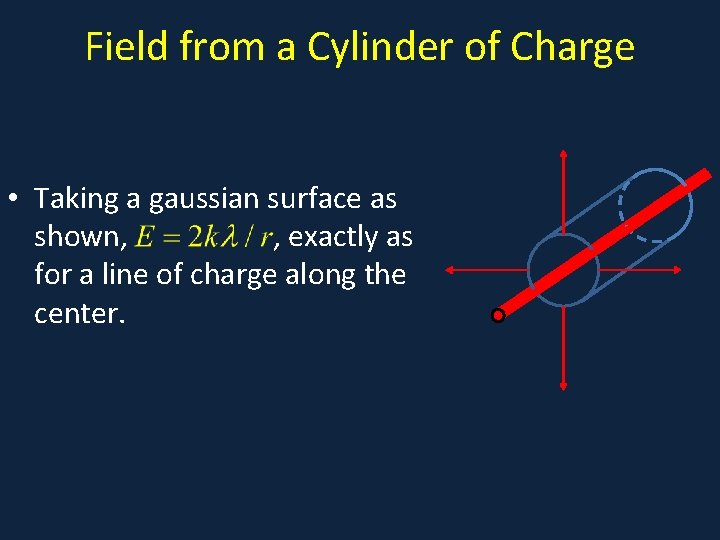Field from a Cylinder of Charge • a • Taking a gaussian surface as