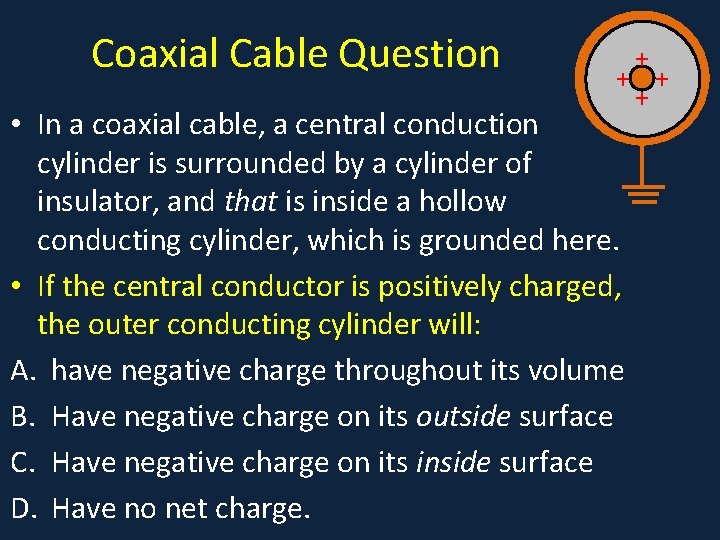 Coaxial Cable Question + + • In a coaxial cable, a central conduction cylinder