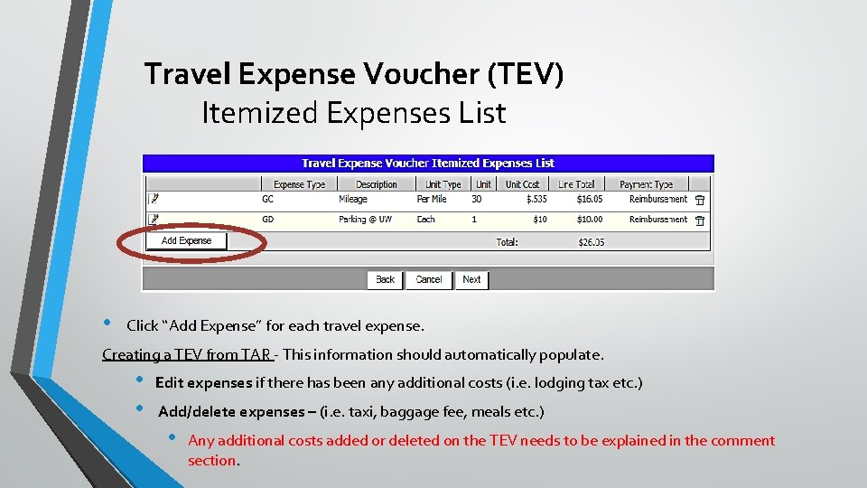 Travel Expense Voucher (TEV) Itemized Expenses List • Click “Add Expense” for each travel