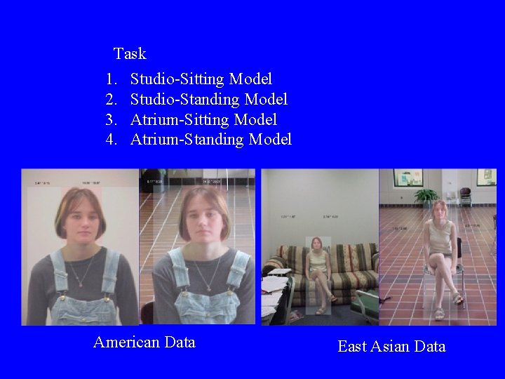 Task 1. 2. 3. 4. Studio-Sitting Model Studio-Standing Model Atrium-Sitting Model Atrium-Standing Model American