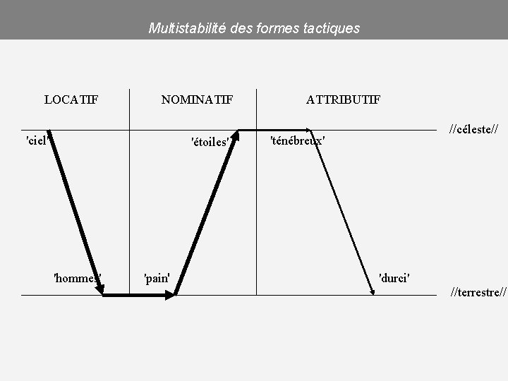 Multistabilité des formes tactiques LOCATIF NOMINATIF 'ciel' 'étoiles' 'hommes' 'pain' ATTRIBUTIF //céleste// 'ténébreux' 'durci'