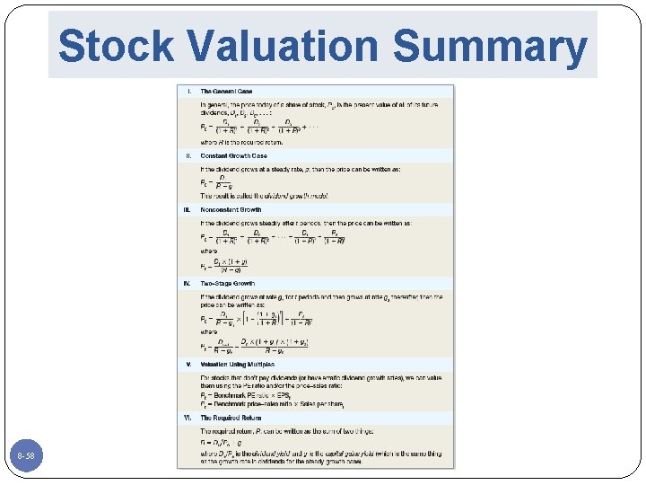 Stock Valuation Summary 8 -58 