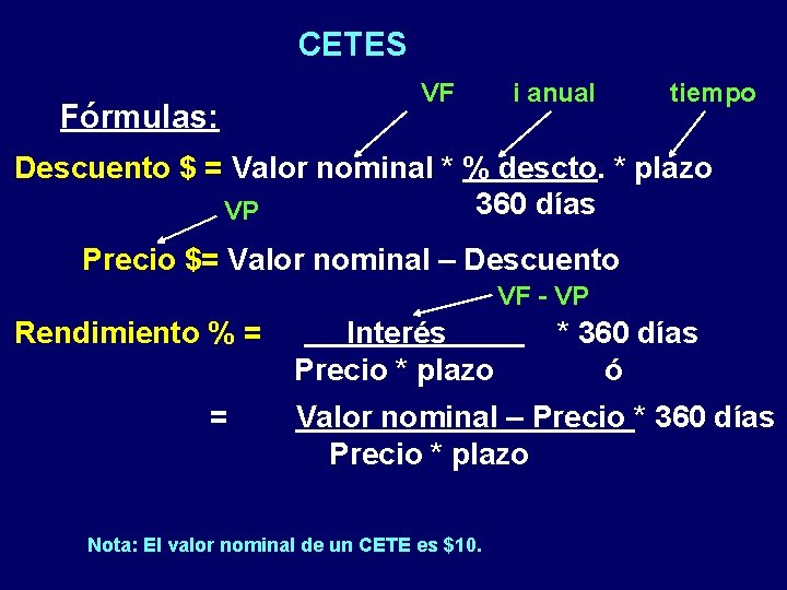 CETES Fórmulas: VF i anual tiempo Descuento $ = Valor nominal * % descto.