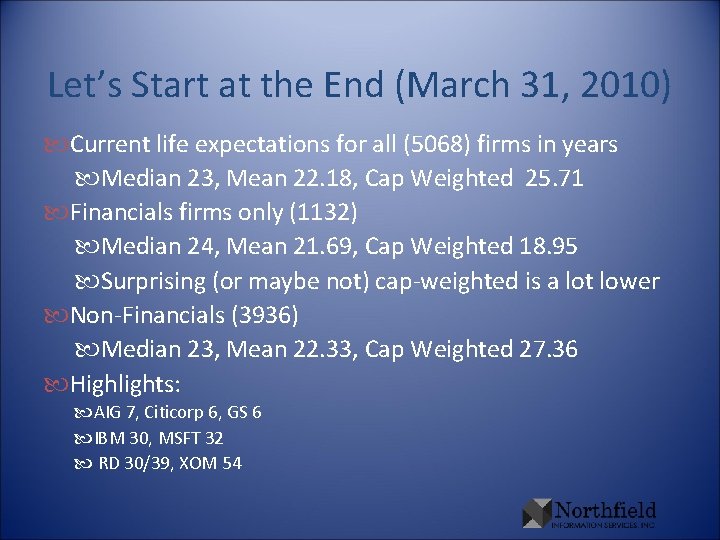 Let’s Start at the End (March 31, 2010) Current life expectations for all (5068)