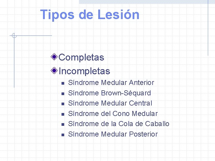 Tipos de Lesión Completas Incompletas n n n Síndrome Medular Anterior Síndrome Brown-Séquard Síndrome