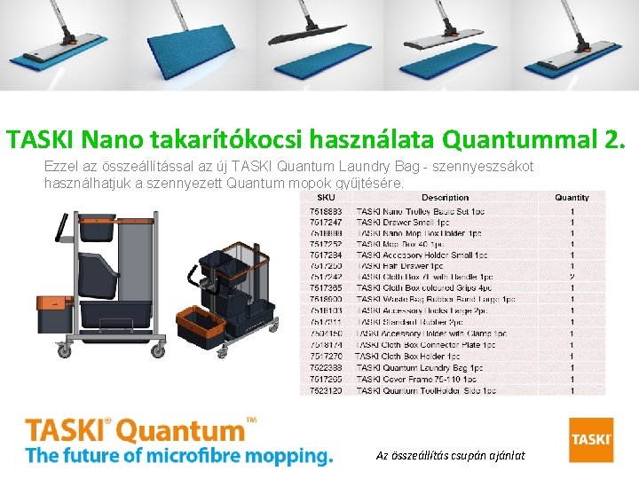 TASKI Nano takarítókocsi használata Quantummal 2. Ezzel az összeállítással az új TASKI Quantum Laundry