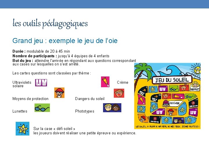 les outils pédagogiques Grand jeu : exemple le jeu de l’oie Durée : modulable