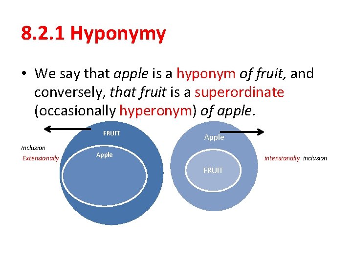 8. 2. 1 Hyponymy • We say that apple is a hyponym of fruit,