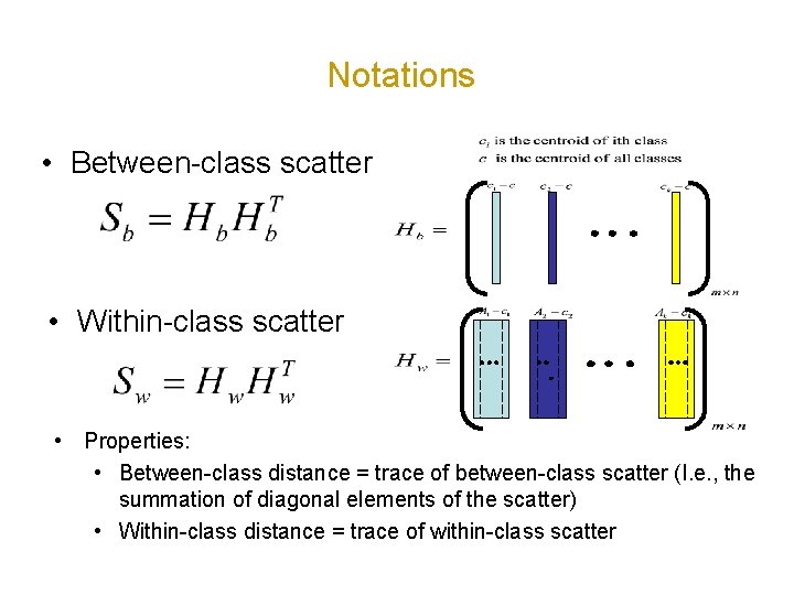 Notations • Between-class scatter • Within-class scatter • Properties: • Between-class distance = trace