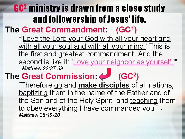 GC 2 ministry is drawn from a close study and followership of Jesus’ life.