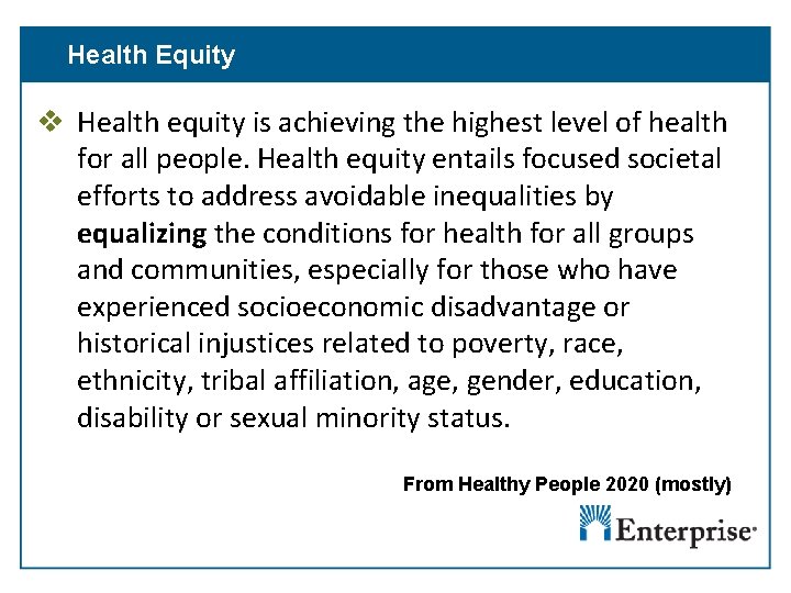 Health Equity v Health equity is achieving the highest level of health for all