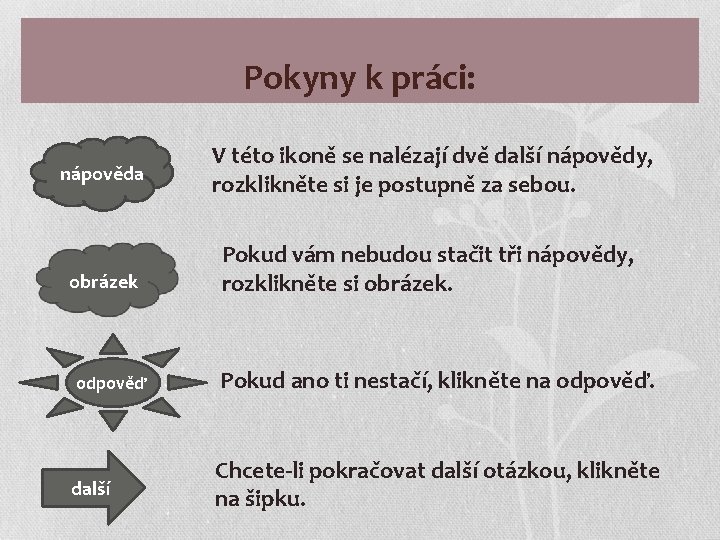 Pokyny k práci: nápověda obrázek V této ikoně se nalézají dvě další nápovědy, rozklikněte