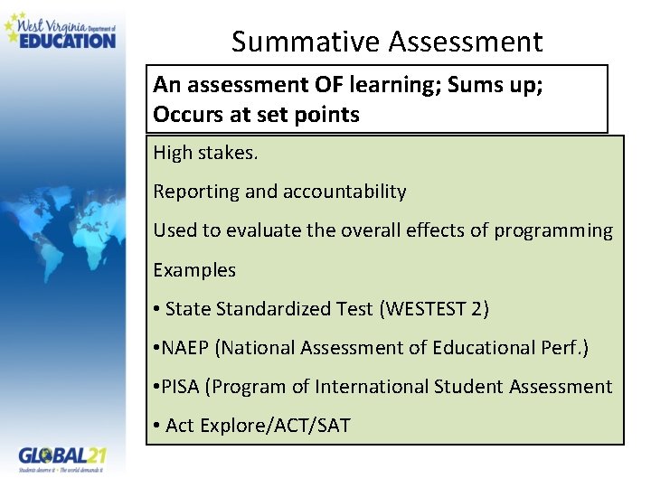 Summative Assessment An assessment OF learning; Sums up; Occurs at set points High stakes.