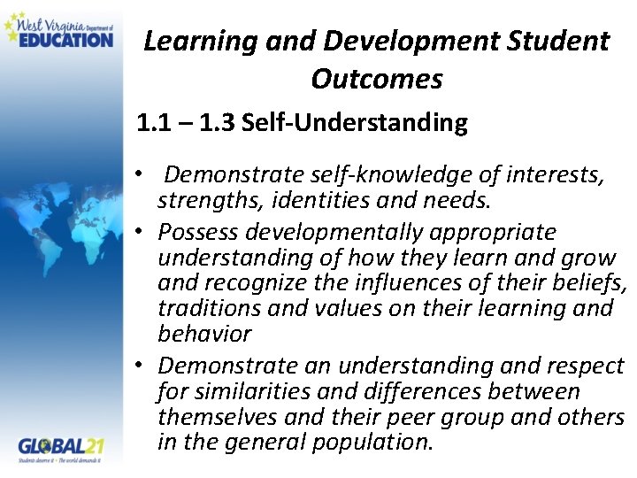 Learning and Development Student Outcomes 1. 1 – 1. 3 Self-Understanding • Demonstrate self-knowledge