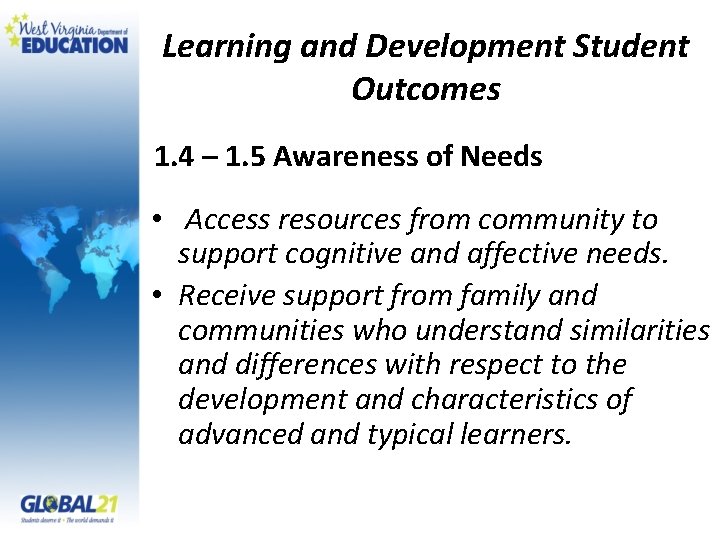 Learning and Development Student Outcomes 1. 4 – 1. 5 Awareness of Needs •